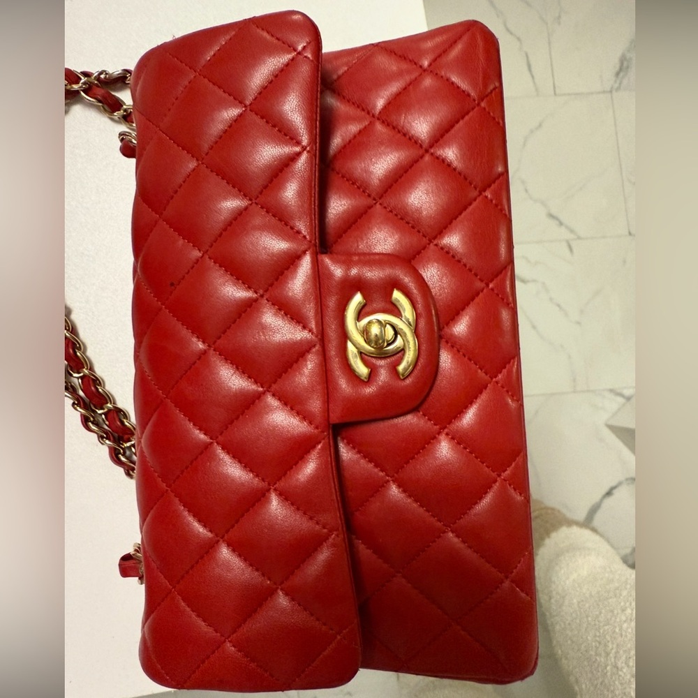 Chanel Red Authentic Small Classic Leather Bag
